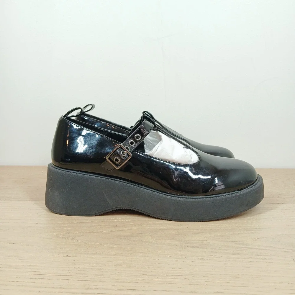 Steve Madden Jgene Flats Girls 4 Black Patent Mary Jane Platform Goth Preppy